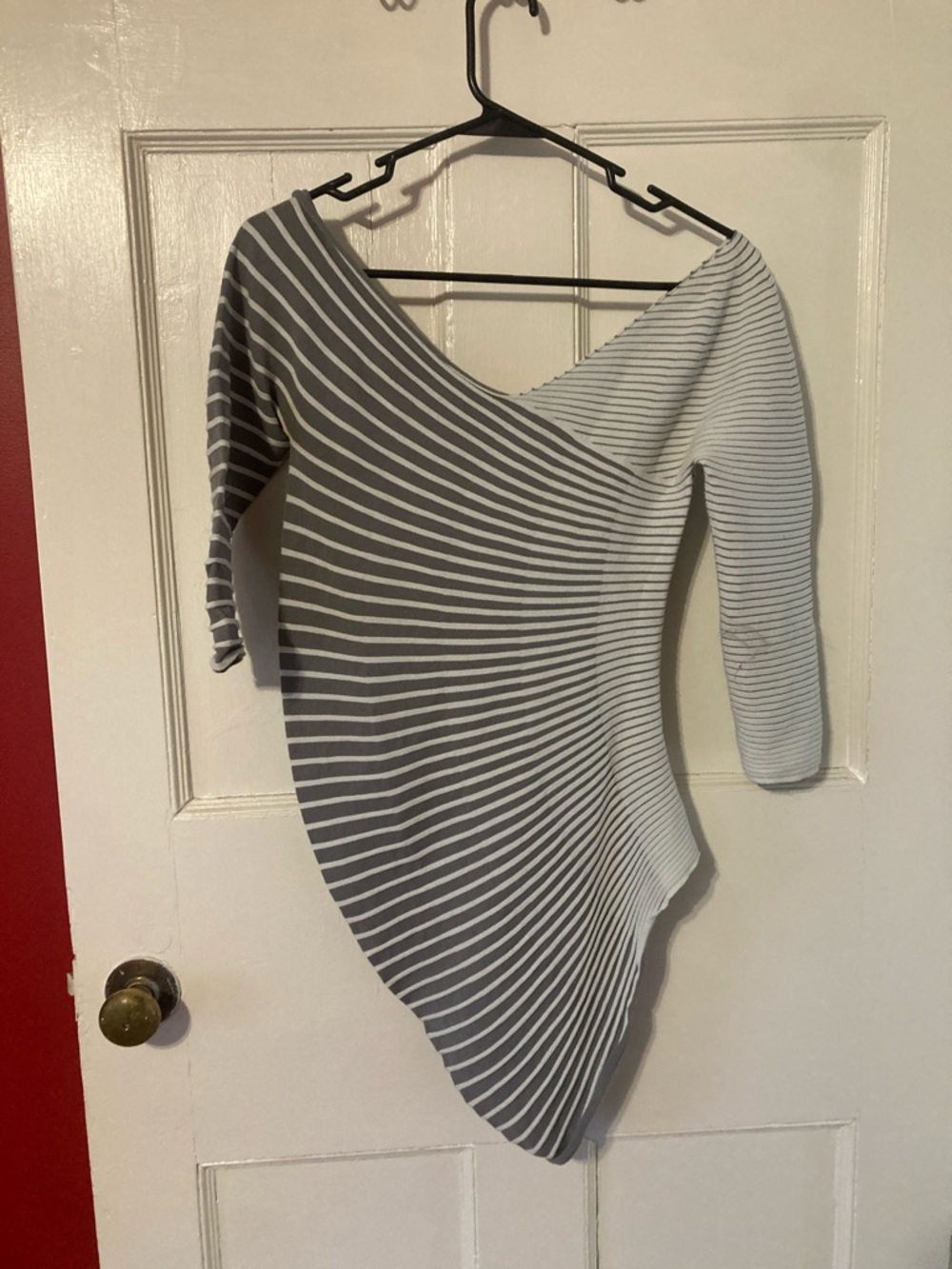 Striped Asymmetric Off-Shoulder Women’s Top in Gray and White